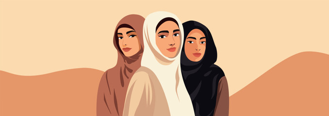 International Women's Day, March 8. Vector horizontal banner with space for text. Arab Muslim women in hijabs look up against a background of flowers. Symbol of beauty, freedom, dignity, empowerment