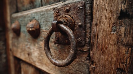 Close-up of a rusty metal ring door knocker on an old wooden door