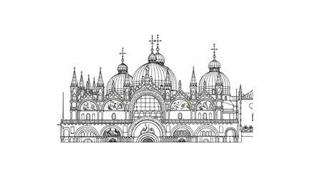 Obraz premium Ornate cathedral with multiple domes and spires in a detailed line drawing