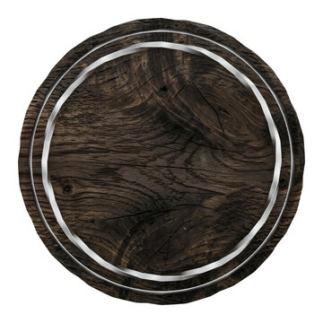 Aged dark wood circle texture background with metallic silver rings, perfect template for premium rustic design