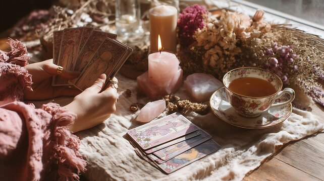 Mystical tarot cards, candles, and tea on wooden table with flowers nearby