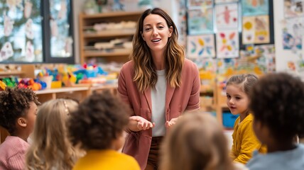 Obraz premium Teacher Engaging with Diverse Group of Children in a Vibrant Classroom Setting from a Slightly Elevated Viewpoint