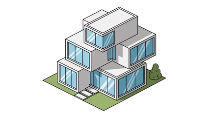 Fototapeta premium Isometric Illustration of Modern Modular Cube Home Architecture on Green Lawn