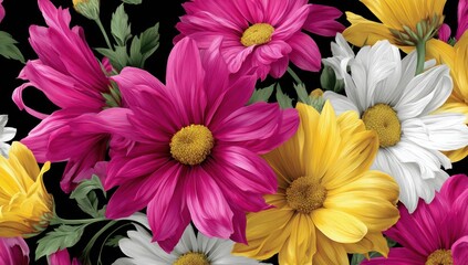 Vivid floral pattern with pink, yellow, and white flowers against a black background