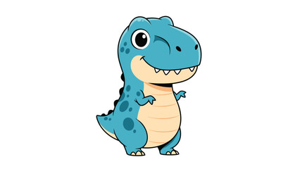 Obraz premium Adorable cartoon blue dinosaur character with a friendly smile and spots standing on a plain white background.