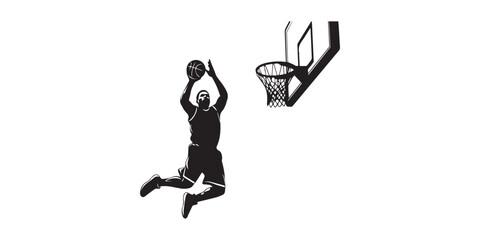 Black silhouette collection of basketball players in action poses including dunking, shooting, and dribbling with hoops and orange ball vectors. isolated white background, clean vector style, high  © SujetaRani