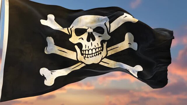Pirate Jolly Roger Flag Waving against Sunset Sky 4K Video