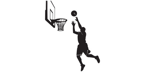 Black silhouette collection of basketball players in action poses including dunking, shooting, and dribbling with hoops and orange ball vectors. isolated white background, clean vector style, high  © SujetaRani