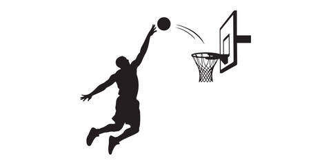 Black silhouette collection of basketball players in action poses including dunking, shooting, and dribbling with hoops and orange ball vectors. isolated white background, clean vector style, high  © SujetaRani
