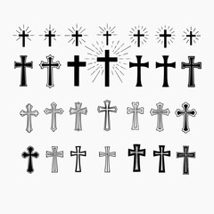 Diverse Collection of Christian Cross Symbols Featuring Various Styles and Ornate Designs, Perfect for Religious and Spiritual Graphic Projects