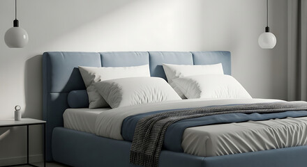 Obraz premium Modern light blue bed with white pillows and blanket in a minimalist bedroom setting