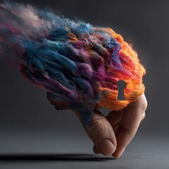A human hand unlocking a creative mind, visualized as a colorful abstract brain.The brain is composed of vibrant flowing shapes, paint-like textures, and luminous energy.
