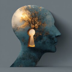 A teal human head silhouette representing the mind, featuring a keyhole at the center