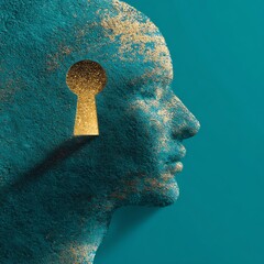 A teal human head silhouette representing the mind, featuring a keyhole at the center