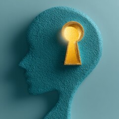 A teal human head silhouette representing the mind, featuring a keyhole at the center