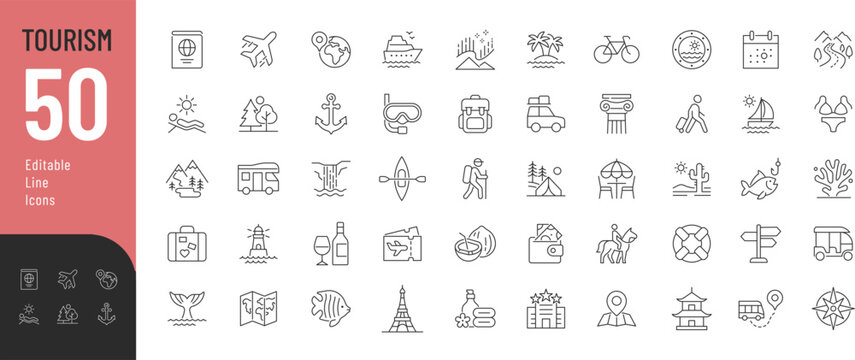 Tourism Line Editable Icons set. Vector illustration in modern thin style of travel related icons: vacation, entertainment, attractions, and more. Isolated on transparent background.