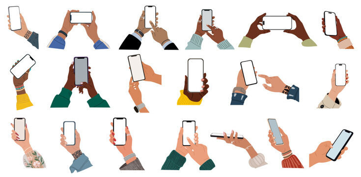 Set of female and male hands holding mobile phones, fingers touching and scrolling on empty screen smartphone mockups. Flat vector illustration isolated on transparent background