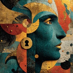 Abstract depiction of the human mind as a teal silhouette with a keyhole