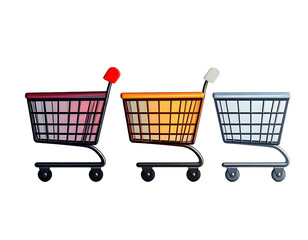 Three colorful metal baskets on wheels against a black background