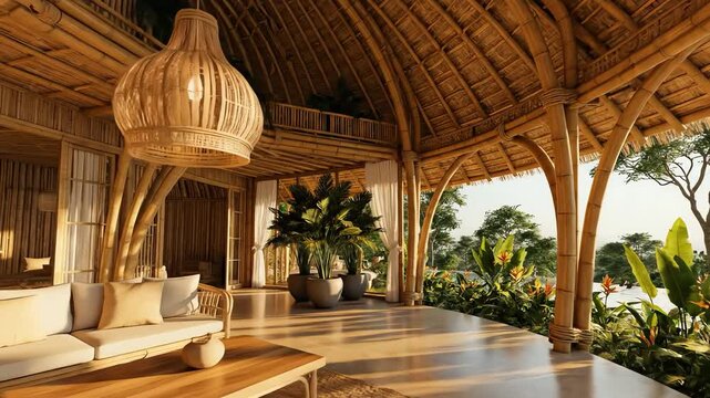 A serene outdoor living space with a thatched roof and natural materials