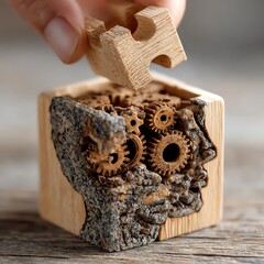 Conceptual image representing success and balance.A wooden puzzle cube being completed by a human hand, revealing a head with interlocking gears inside.