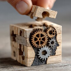 Conceptual image representing success and balance.A wooden puzzle cube being completed by a human hand, revealing a head with interlocking gears inside.
