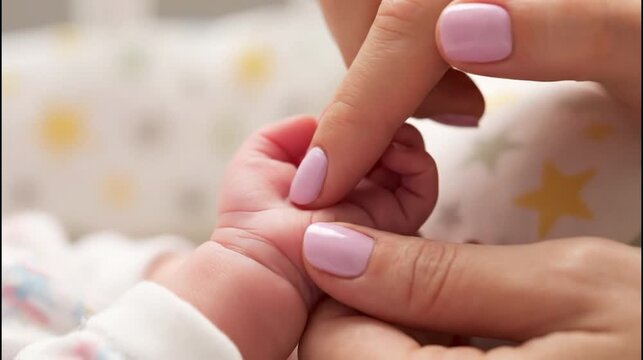 Close up of mother's gentle finger touching newborn baby's tiny hand, showing tenderness and bonding