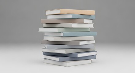 Stacked Books with Pastel Covers on a White Surface and Gray Background