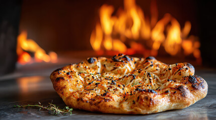 Freshly baked artisan bread with a crispy crust served near a warm fireplace, highlighting a cozy dining atmosphere