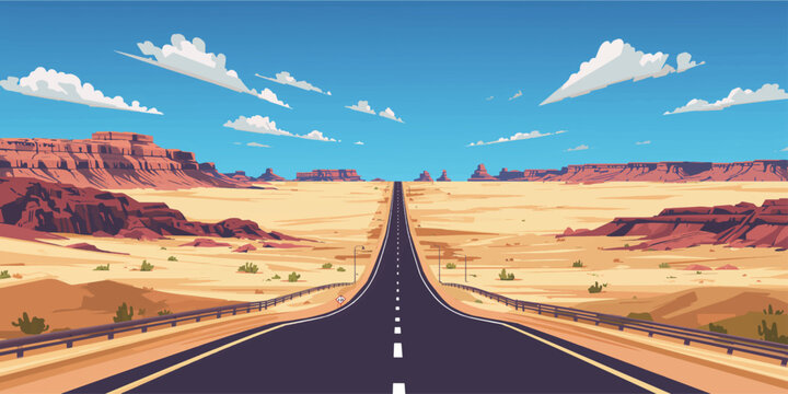 An empty asphalt highway stretches across a scenic California desert landscape toward distant mountains under a blue sky, offering a lonely rural road trip journey through the valley