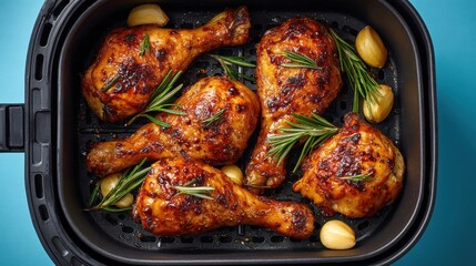 Fototapeta premium Top view of roasted chicken drumsticks seasoned with rosemary and garlic cooked in an air fryer, showcasing crispy homemade poultry meal and modern healthy cooking concept.