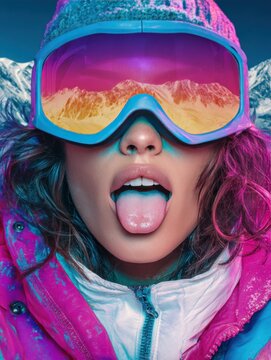 Young woman in ski goggles with colorful neon fashion portrait and mountain reflection