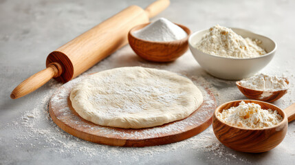 Ingredients for baking bread or pizza dough including flour, rolling pin, and prepared dough on wooden board