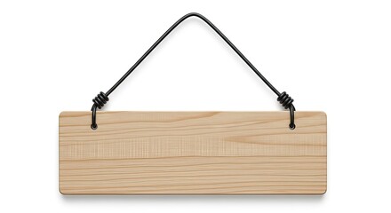 Rustic Wooden Sign Blank Template Hanging on Wire on White Background