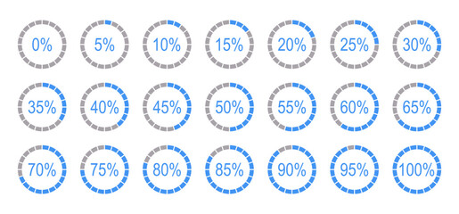 Percentage round diagrams icons for infographics from 0 to 100 percent. Infographic flat elements. Blue, grey colour fill divided pie charts indicator layouts. Circle graph loading progress mockups.