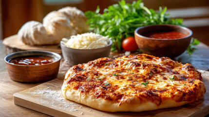 Freshly baked pizza topped with melted cheese, garnished with herbs, alongside ingredients for making more pizzas on a wooden table