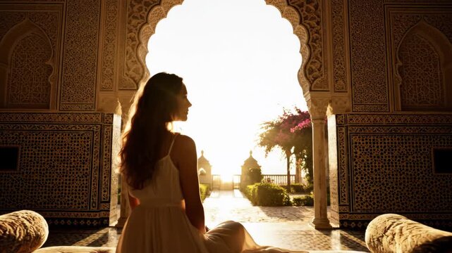 Woman standing in an ornate archway looking out at a serene garden scene with trees and flowers from an indoor viewpoint
