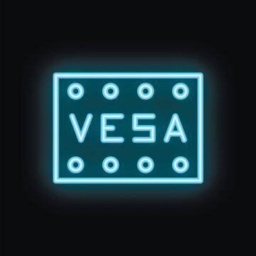 Blue neon icon of vesa mounting standard glowing on black background