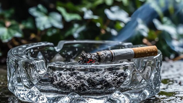 A lit cigarette rests on the edge of a clear glass ashtray filled with ash, placed on a wet surface outdoors
