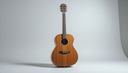 Naklejka premium Acoustic Guitar Standing on Floor Against Neutral Background