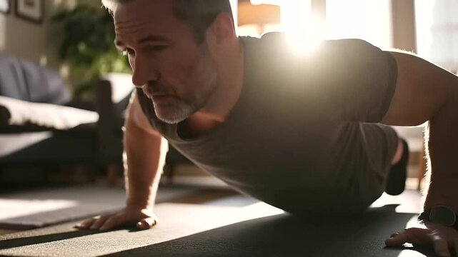 A middle aged man performs push ups on an exercise mat in a cozy living room bathed in warm morning light captu 2faa2b83 2