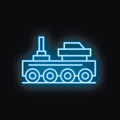 Obraz premium Blue glowing neon sign of military vehicle carrying missile for war theme decoration