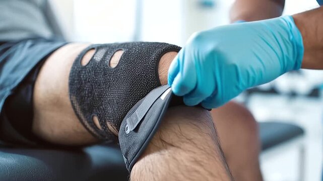 A physical therapist carefully applies a knee brace to an athlete on a treatment table in a bright sports medic 258402a4 2