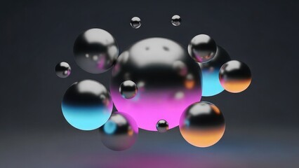 Vibrant colorful metallic bubbles floating in air on dark background with gradient lighting effects with abstract and digital and neon and creative