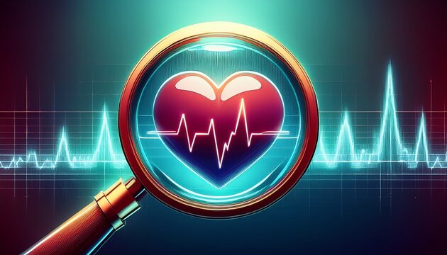 magnifying glass with heart and graph with heartbeat concept of health and medical care