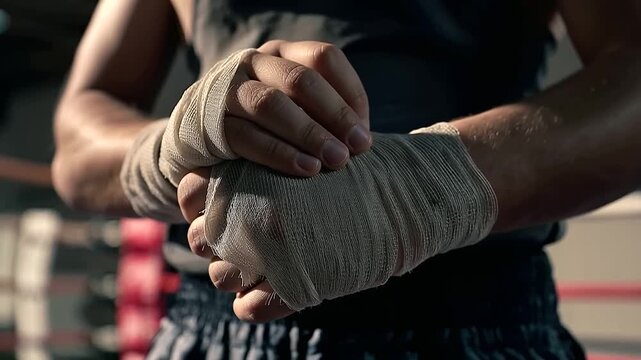 A young boxer meticulously wraps his hands with athletic tape in a gym corner capturing close up details with d