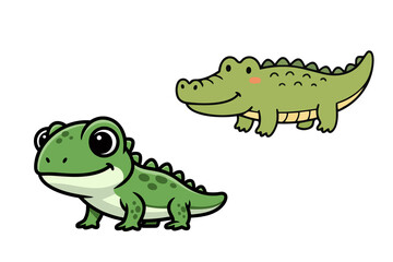 Two adorable green cartoon crocodiles with different body shapes and expressions