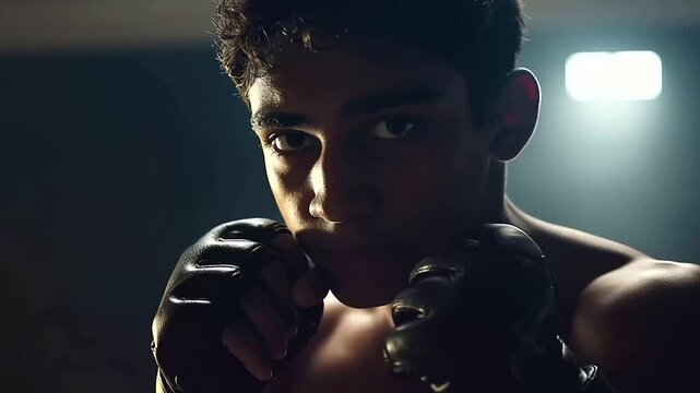 A young martial artist in a fighting stance wearing MMA gloves stands in a training studio with dramatic rim li 8e807f0c 2