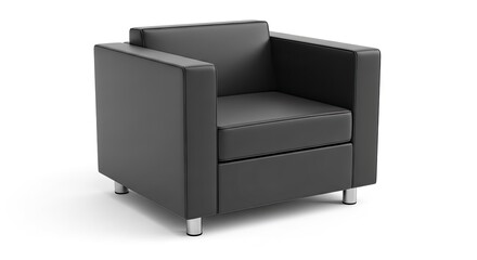 Modern Black Leather Armchair with Silver Legs Isolated on White Background