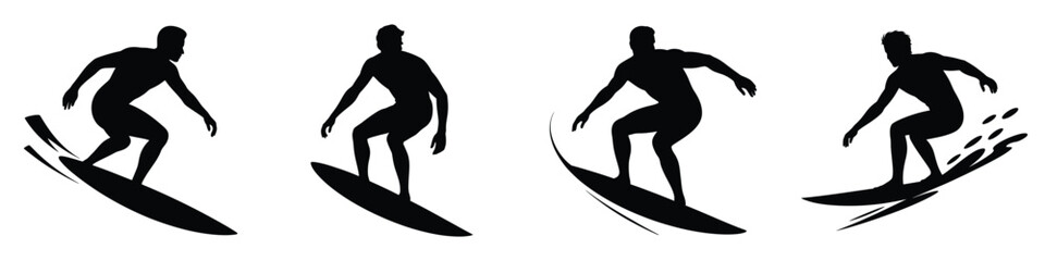 Silhouette of Surfer Riding Waves – Surfing Vector Illustration, Extreme Water Sports, Summer Beach Adventure, Ocean Lifestyle, Outdoor Activity and Sea Wave Sport Design © Parvez